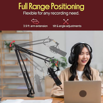 Pyle Suspension Mic Boom Stand Pro - Scissor Spring Arm Microphone Stand with Shock Mount, Adjustable Tilt & Extension, Perfect for Podcasts, Streaming, DJ Studio, Extends 3.9 ft - style: Boom stand