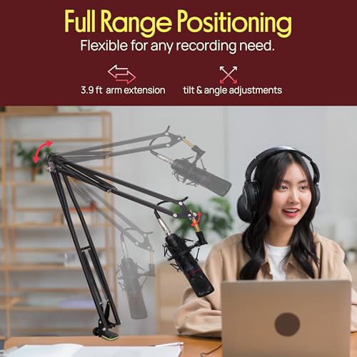 Pyle Suspension Mic Boom Stand Pro - Scissor Spring Arm Microphone Stand with Shock Mount, Adjustable Tilt & Extension, Perfect for Podcasts, Streaming, DJ Studio, Extends 3.9 ft - style: Boom stand