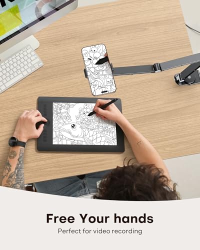 OMOTON Tablet Stand for iPad with 360° Rotation, GH03 Aluminum Alloy Long Arm Phone Mount with 2 Plastic Clamps (Phone & Tablet), Adjustable Holder for 4-13" iPad Pro/iPhone, Black - color: Black