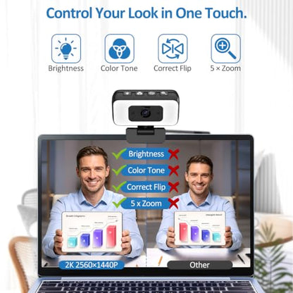 Webcam with Light, 2K HD Web Camera for Desktop Computer PC | Fixed Focus, 80° FOV, USB Plug and Play Web Cam for Video Calls, Online Meetings (4 Buttons-Adjust Brightness/Flip/Zoom)