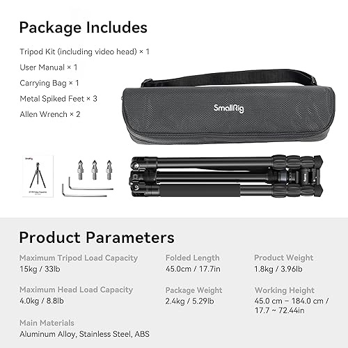 SmallRig CT200 72.8"/200cm Horizontal Overhead Tripod for Camera with Smartphone Holder & Carrying Bag, 33lb Max Load Aluminum Horizontal Camera Tripod for Overhead Shots