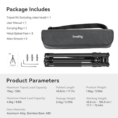 SmallRig CT180 Video Tripod, 72" Camera Tripod Monopod with Fluid Head, Aluminum Camera Tripod, 360° Panorama Fluid Head for Travel, Video, Live Streaming, Vlogging- 3760B