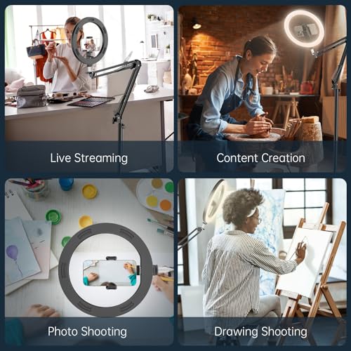 12" Ring Light with Stand Tripod for iPhone, Overhead Phone Camera Mount, Adjustable 72" Height Tripod Holder Floor, Phone Stand for Video Recording Filming Streaming Cooking TikTok YouTube, CRI >95 - size: 12 inches
