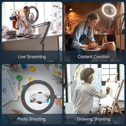 12" Ring Light with Stand Tripod for iPhone, Overhead Phone Camera Mount, Adjustable 72" Height Tripod Holder Floor, Phone Stand for Video Recording Filming Streaming Cooking TikTok YouTube, CRI >95 - size: 12 inches
