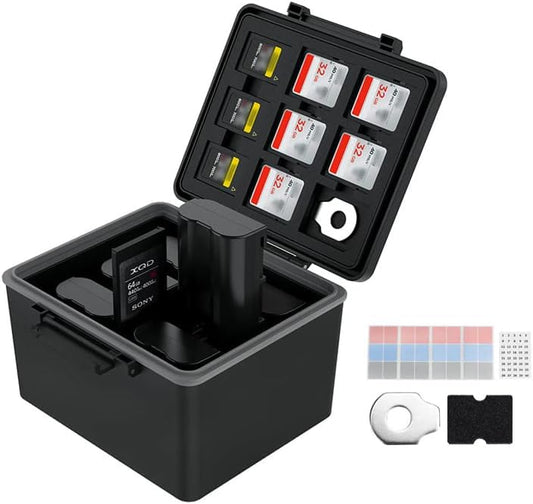 LP-E6 EN-EL15C NP-W235 FZ100 Camera Battery and Memory Card Case with Labels,DSLR SLR Battery Organizer Storage for 16 Micro SD 6 SD 3 CF Express Type A and 2 XQD/CF Cards,Water-Resistant & Shockproof - size: for DSLR Battery x 6