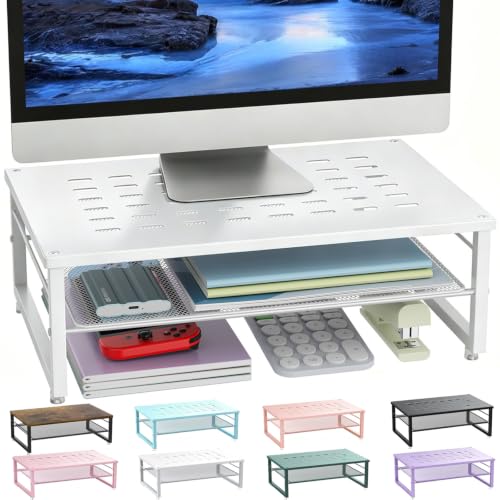gianotter 2-Tier Metal Monitor Stand Riser, Desk Accessories & Workspace Desk Organizers, Office Desk Storage Organizer for Office Supplies (White) - color: White