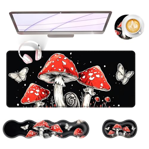 Large Keyboard Mouse Pad Set, Extended Mouse Pad+Keyboard Wrist Rest Support, Memory Foam Ergonomic Easy Typing, 4Pcs (31.5×11.8 in) Desk Pad Set for Office Home,Mushrooms and Butterflies - color: Mushrooms and Butterflies