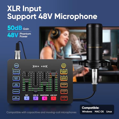 Gaming Audio Mixer with RGB, Streaming/PC Mixer with XLR Microphone Interface, 6 Voice Changing Modes Individual Control, Mute Button,48V Phantom Power