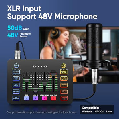 Gaming Audio Mixer with RGB, Streaming/PC Mixer with XLR Microphone Interface, 6 Voice Changing Modes Individual Control, Mute Button,48V Phantom Power