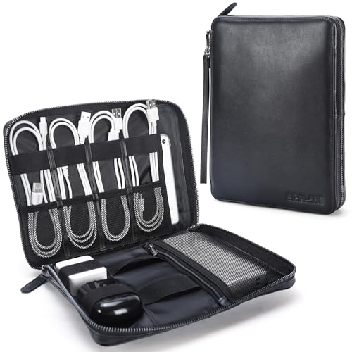 Polare Full Grain Leather Travel Cable Organizer Case Electronics Accessories Carry Bag with YKK Zippers Tech Storage Bag for Cables, Power Bank, USB, SD Card, Travel Essentials - color: Black