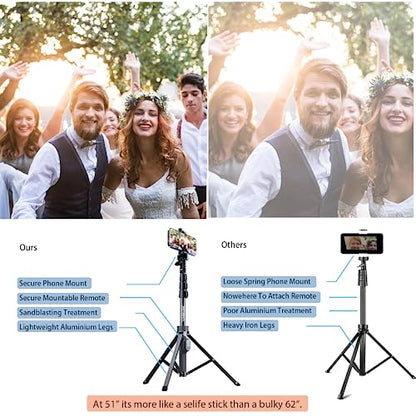 Fugetek 51" Professional Selfie Stick Tripod, 100% All Aluminum Stick & Legs, Lightweight, Detachable Bluetooth Remote, Portable All in One, Compatible with iPhone & Android, Non Skid Feet, Black - style: Tripod