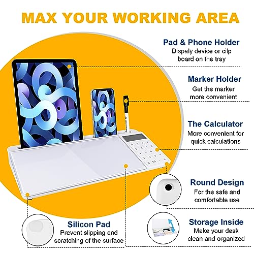 Small Glass Desktop Whiteboard Dry Erase Board with Calculator - Desktop White Board Storage Memo Notepad Computer Keyboard Stand Organizers with Accessories Markers, Eraser for Office, Home, School