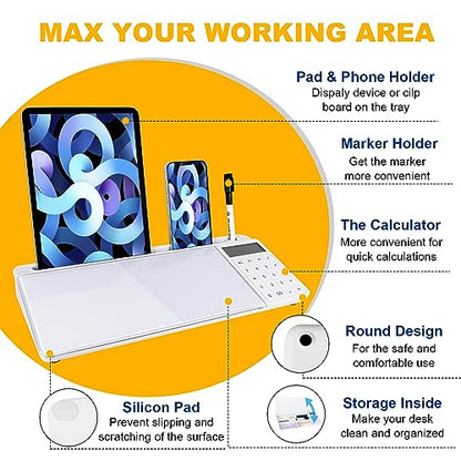 Small Glass Desktop Whiteboard Dry Erase Board with Calculator - Desktop White Board Storage Memo Notepad Computer Keyboard Stand Organizers with Accessories Markers, Eraser for Office, Home, School