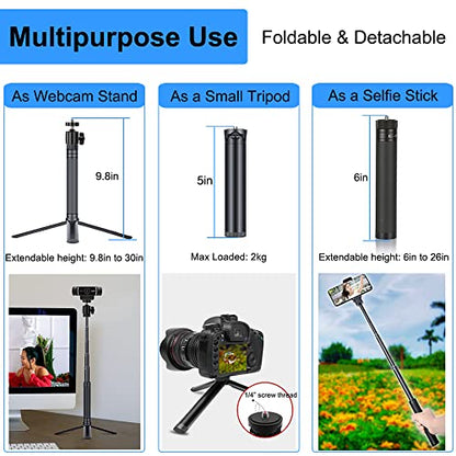 JCWINY 30" Tall Webcam Stand Tripod Extendable Desktop Tabletop Webcam Tripod Web camera Mount Aluminum Desk Tripods Stand for Logitech Brio Webcams C925e C922x C930e C922 C930 C920 C615 iPhone Camera