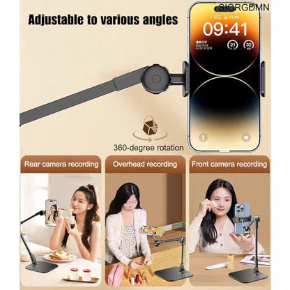 Overhead phone stand for Video Recording on desk,Adjustable Smartphones holder,Articulating Arm Stand with Base, Flexible Cell Phone mount for Live Streaming, filming,Painting Lighting ooking (Black)