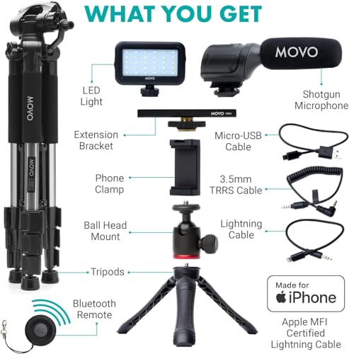Movo iVlogger Vlogging Kit for iPhone with Fullsize Tripod - Lightning Compatible YouTube Starter Kit for Content Creators - Accessories: Tripods, Phone Mount, LED Light and Shotgun Mic - size: Lightning