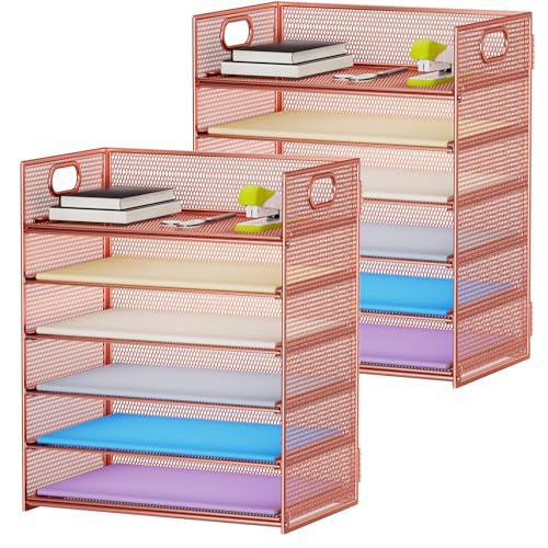 Marbrasse 2 Pack Desk Organizer with Handle, 6 Tier Paper Letter Tray, Mesh Desk File Organizer for Office, School and Home - Rose Gold - color: Rose Gold - 2p