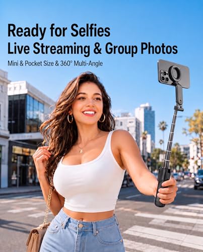 Magnetic Mini Selfie Stick Tripod for iPhone & Android, [MAX 19"] [Pocket 4.5"] 4-in-1 Phone Camera Grip with Rechargeable Shutter Remote for Creator Travel TikTok Vlogging (Up-Black) - color: New Black