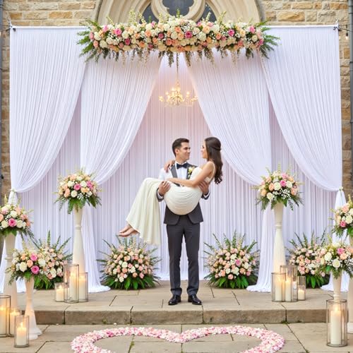 20×12ft White Wrinkle Free Backdrop Curtain for Wedding Parties, 4 Panels 5×12 ft Long Soft Silky Washable Polyester Photo Backdrop Drapes for Birthday Baby Shower Photography Background Cloth - color: White, size: 12ft Long_4 Panels