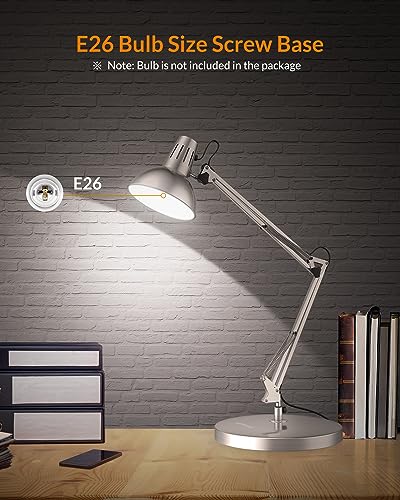LEPOWER Metal Desk Lamp, Adjustable Goose Neck Architect Table Lamp with On/Off Switch, Swing Arm Desk Lamp with Clamp, Eye-Caring Reading Lamp for Bedroom, Study Room &Office (Silver) - color: Silver