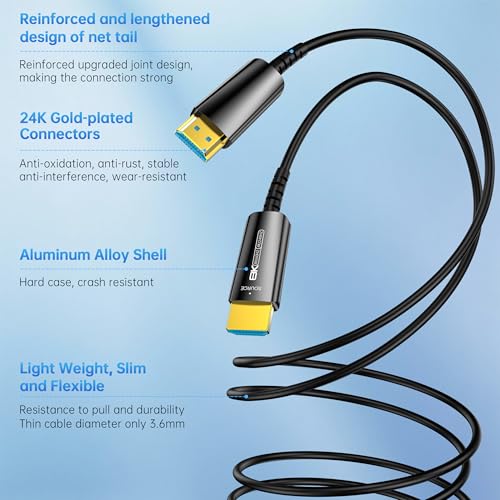 Fiber Optic HDMI Cable 65 FT, 8K Long HDMI 2.1 Cable, Thin HDMI Cord 48Gbps Ultra High Speed, 8K@60Hz, 4K@240Hz/120Hz, Dynamic HDR, eARC, HDCP 2.2&2.3, 3D, Compatible for PS4/5/Xbox/TV/Laptop - size: 65 feet