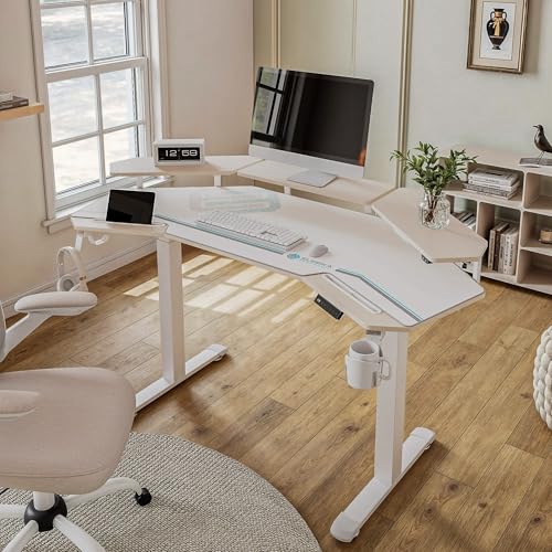 EUREKA ERGONOMIC Standing Desk with Keyboard Tray, Large Music Studio Gaming Desk, Wing Shaped Sit Stand Table 72'', LED Convertible Shelves, Dual Motor&Slot, Maple - color: Maple, size: 72"W x 35"H-Adjustable
