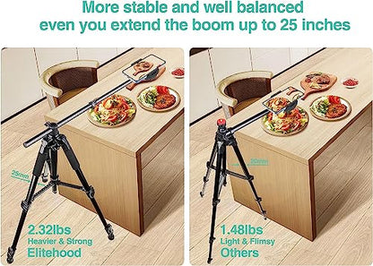 Elitehood iPhone Tripod for Overhead Video Recording [Heavy Duty & Ultra-Stable], 25in Horizontal Long Extendable Boom, 360° Rotation iPhone Tripod Stand with Remote, Vertical 71" Tall Phone Stand - size: 45in