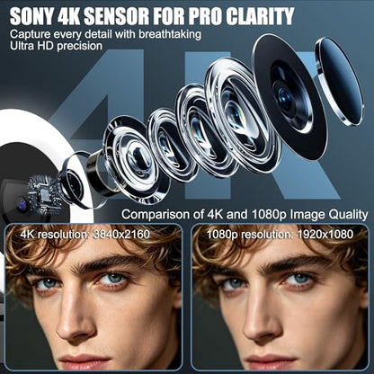 4K Webcam with Ring Light, PDAF Autofocus Streaming Camera for PC | 1080P 60FPS, Built-in Privacy Cover, Dual Omnidirectional Mics, USB Plug-and-Play for Zoom,Laptop,Conference,Meeting,Desktop