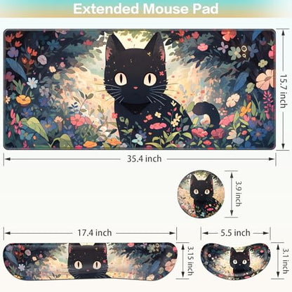 Mouse Pad Anime, Mouse Pad with Wrist Rest, 4-in-1 XXL Large Desk Mat Kawaii Mousepad with Gel Wrist Support Keyboard Wrists Rest Coaster, Ergonomic Gaming Cat Desk Pad, Funny Cute Office Accessories - color: Flowers&Cat