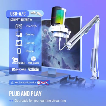 FIFINE Gaming PC USB Microphone Kit, Condenser RGB Mic with Metal Boom Arm, Mute, Gain Knob, Headphones Monitoring, Streaming Microphone Bundle for PS4/PS5, YouTube, Discord, Twitch-A8T White - size: A8TW-Boom Arm