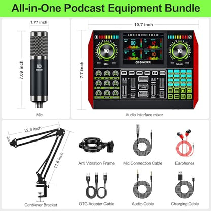 G10 Podcast Equipment Bundle with 3.5mm Condenser Microphone for Pc/Phone Live Streaming Singing Gaming, Podcast Microphone Bundle with Live Sound Board Audio Mixer,Noise Reduction,DJ Sets