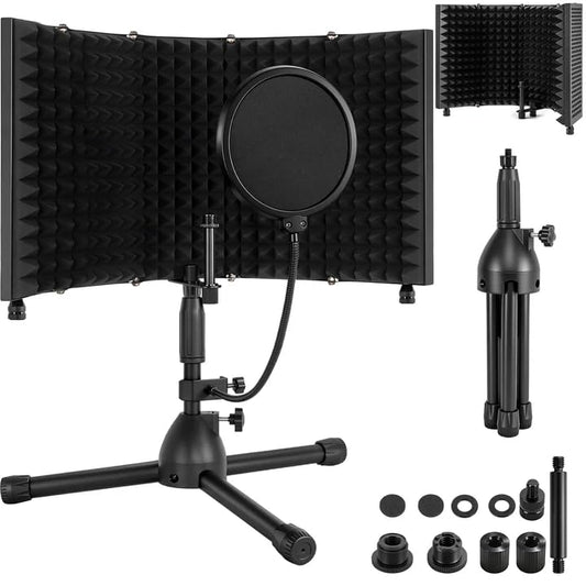 Desktop Microphone Isolation Shield with Tripod Stand Curved Panel, Foldable Microphone Sound Shield, Studio Mic Sound Absorbing Foam Reflector for Studio Recording - size: Standard