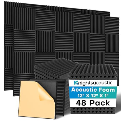 Knightsacoustic 48 Pack Sound Proof Foam Panels for Walls with Self Adhesive, 12x12x1 Acoustic Foam Panels, High Density Acoustic Panels Sound Absorbing, Fire Resistant Studio Sound Proofing Black - size: 48Packs with Adhesive