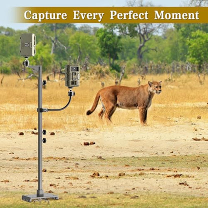 SDSNTE Trail Camera Stand Dual Mount, 17-47" Adjustable Height Hunting Accessories Holder, 360 Rotate 1/4" Thread Mount for Game Cam & Solar Panel, Robust Iron Tripod for Outdoor Hunting, No Tree