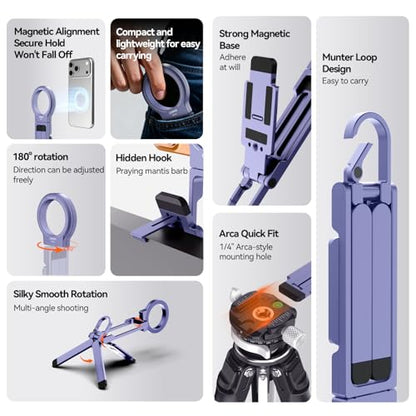COMAN DP58 Magnetic Phone Tripod, Aluminum MagSafe Tripod Stand with Carabiner, Mini Portable Travel Pocket Stand for iPhone & Non-Magnetic Phones with Included Ring - color: Purple