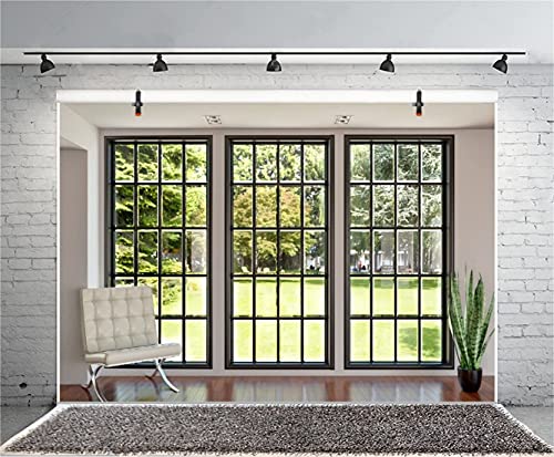AOFOTO 7x5ft Business Office French Sash Window Backdrop Living Room Sofa Plant Photography Background Interior Casement Work at Home Modern Flat Furniture Apartment Decoration Residence Villa Props - size: 7x5ft