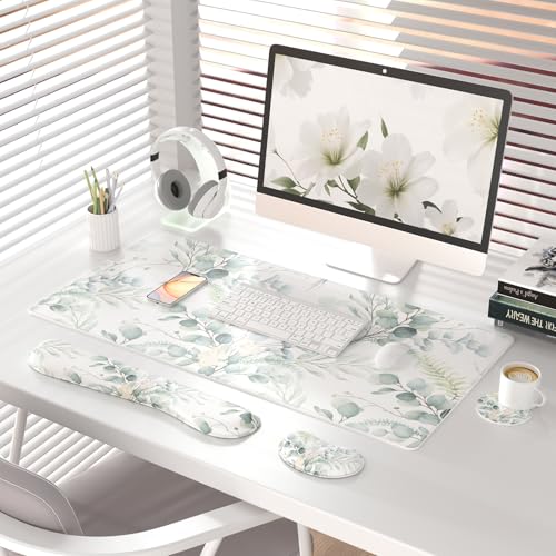 QIYI Leather Desk Mat Set, 4-in-1 Large Mouse Pad with Ergonomic Wrist Rest, Waterproof Desk Pad + Keyboard Wrist Rest +Mouse Wrist Support+Coaster, Non-Slip Office Gaming Accessories, Eucalyptus Leaf - color: Eucalyptus Leaf