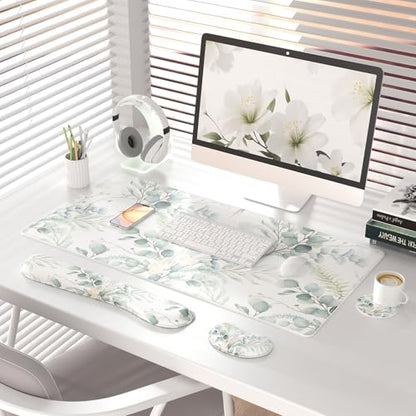QIYI Leather Desk Mat Set, 4-in-1 Large Mouse Pad with Ergonomic Wrist Rest, Waterproof Desk Pad + Keyboard Wrist Rest +Mouse Wrist Support+Coaster, Non-Slip Office Gaming Accessories, Eucalyptus Leaf - color: Eucalyptus Leaf