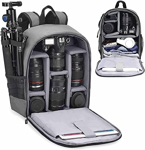 Cwatcun Camera Backpack Professional Camera Bag for Sony Canon Nikon SLR DSLR Mirrorless Camera and Lens Waterproof Camera Case with 14" Laptop Compartment, Tripod Strap Accessories (Ⅱ Small Grey) - color: Gray, size: 2.0 Small