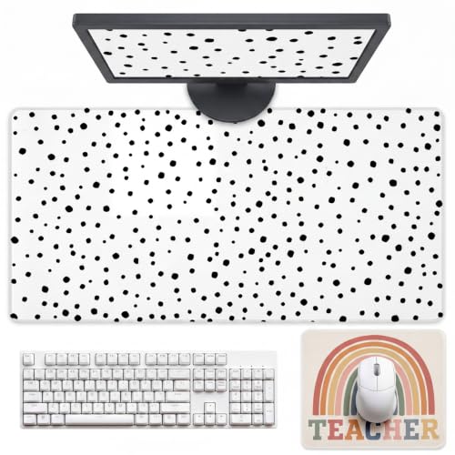Eaasty 2 Pcs Teacher Desk Decor Large Polka Dot Desk Mat and Boho Rainbow Mouse Pad, 32x16'' Non Slip Rubber Base Computer Desks Mat for Back to School Gift Classroom Office Teacher Must Have