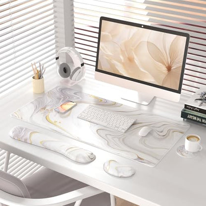 QIYI Leather Desk Mat Set, 4-in-1 Large Mouse Pad with Ergonomic Wrist Rest, Waterproof Desk Pad + Keyboard Wrist Rest + Mouse Wrist Support + Coaster, Non-Slip Office Gaming Accessories, White Marble - color: Gray White Marble