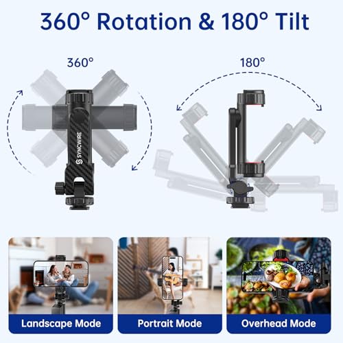 SYNCWIRE Tripod Phone Mount, Universal Smartphone Mount Adapter with 2 Cold Shoe and 1/4" Screw, 360° Rotates and 180° Tilts Adjustable Cell Phone Clamp Holder for Enhancing Mobile Photography Setup - color: Black