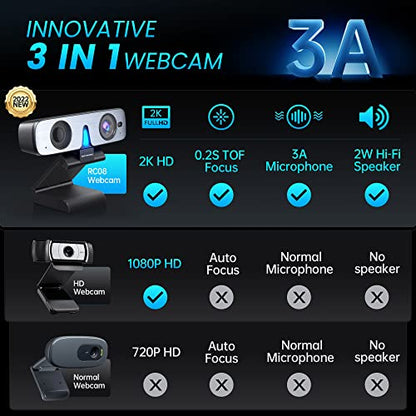 RC08 2K Webcam with Speaker, Webcam for PC, HD Web Cam with Noise Reduction Mic/Harman Speaker/4X Eptz/Privacy Cover/0.2S Auto-Focus/Low Illumination, Computer Camera for Zoom/Teams/Meeting - style: RC08 Webcam with Speaker