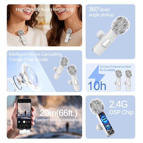 White Wireless Lavalier Microphone for iPhone & Android - Mini Clip-On Mic with Noise Cancellation 2 Pack Lapel Mic Plug and Play Wireless Mic for Video Recording Interview Podcast Vlog YouTube