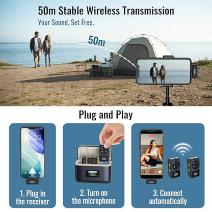 Wireless Lavalier Microphone with Digital Display & Charging Case, Dual Mic for Noise Reduction, 45H Battery, 50M Range, Lightning/USB-C Receiver for iPhone Android, for YouTube, Vlogging