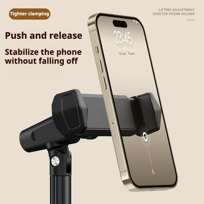 Height Adjustable Phone Stand for Desk, Retractable Desktop Phone Holder, 180° Flip & 360° Rotation Design，Compatible with iPhone/Android Devices,Ideal for Live Streaming and Video Recording (White)