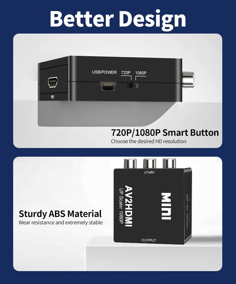 RCA to HDMI Converter, RCA to HDMI Adapter, 1080P Mini RCA Composite CVBS AV to HDMI Video Audio Converter Adapter Support PAL/NTSC for N64 Wii PS2 PS3 Xbox VHS - color: Converter (Single)