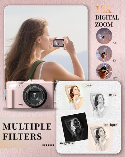4K Digital Camera for Beginners & Teens, Compact Vlogging Camera with 180° Flip Screen, Autofocus, Easy-to-Use for Travel & YouTube, 18X Zoom, WiFi, 2 Batteries, 32GB Card - color: light pink