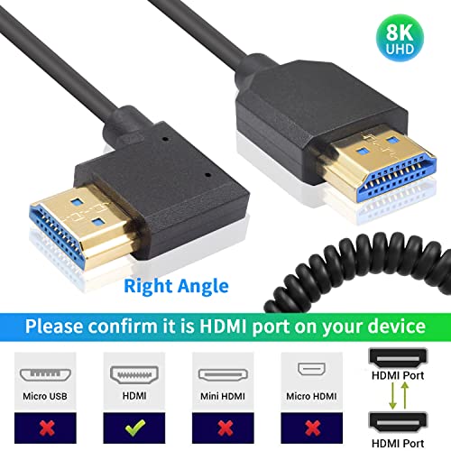 Duttek 8K Right Angle HDMI Cable 1FT-4FT, Coiled HDMI Cable 48Gbps, Extreme Thin HDMI Male to Male Coiled Cable Support Dynamic HDR, Has 8K@60Hz Resolution Backward Compatible 4K Ultra HD, 1080p, 3D - style: Right Angle HDMI Male to Male