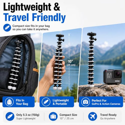 Acuvar 10" Flexible Octopus Tripod for GoPro, DJI Osmo Action & Action Cameras, Bendable Mini Tripod with Action Camera Mount, Quick Release Plate & 360° Ball Head - style: Tripod + Adapter for GoPro